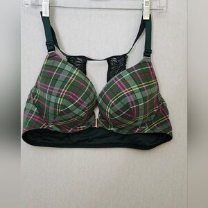 Cacique green plaid boost plunge padded underwire lace back bra 44B